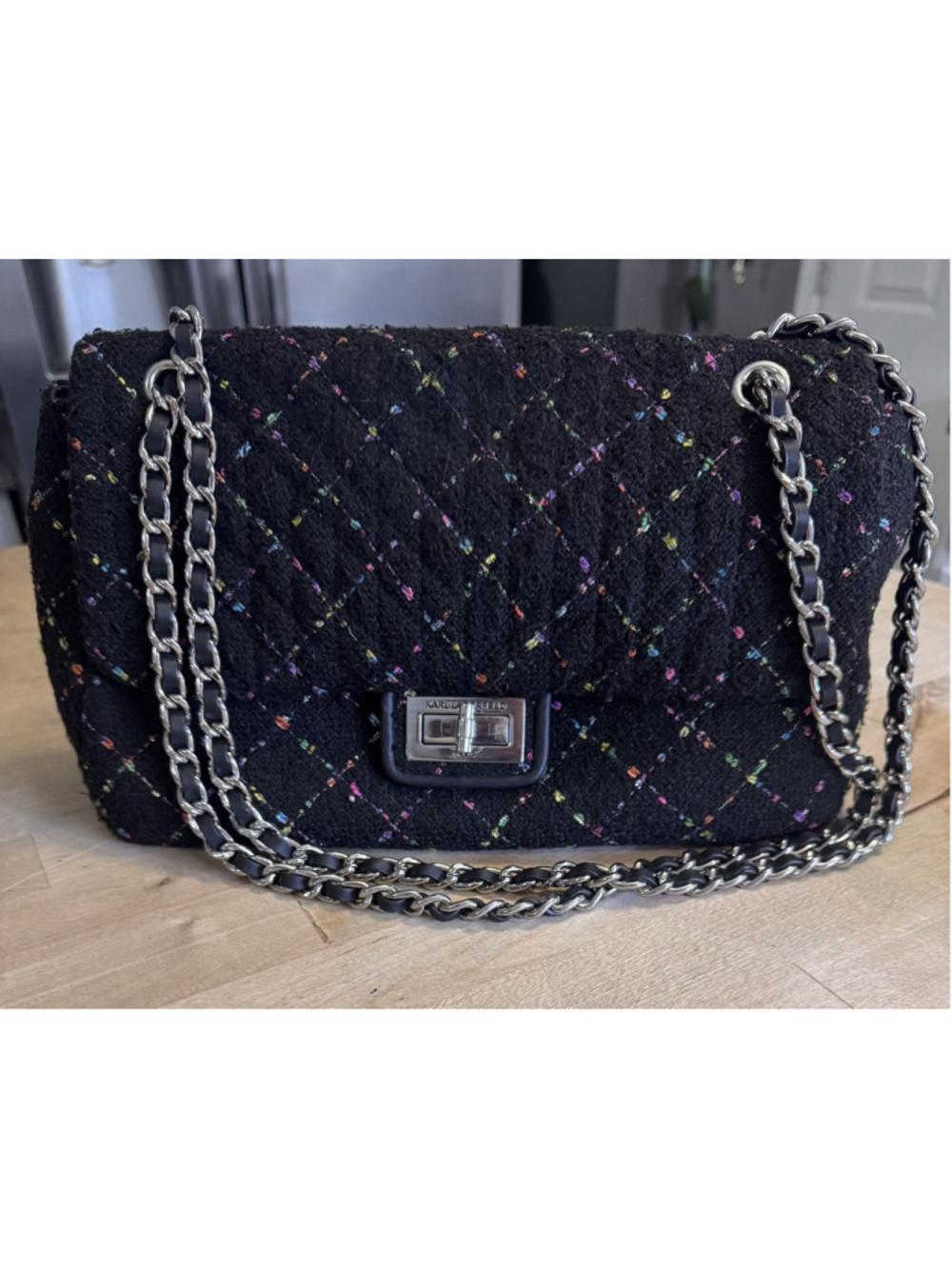 KARL LAGERFELD Paris Agyness Black & Multicolored Quilted Shoulder Bag Silver HW